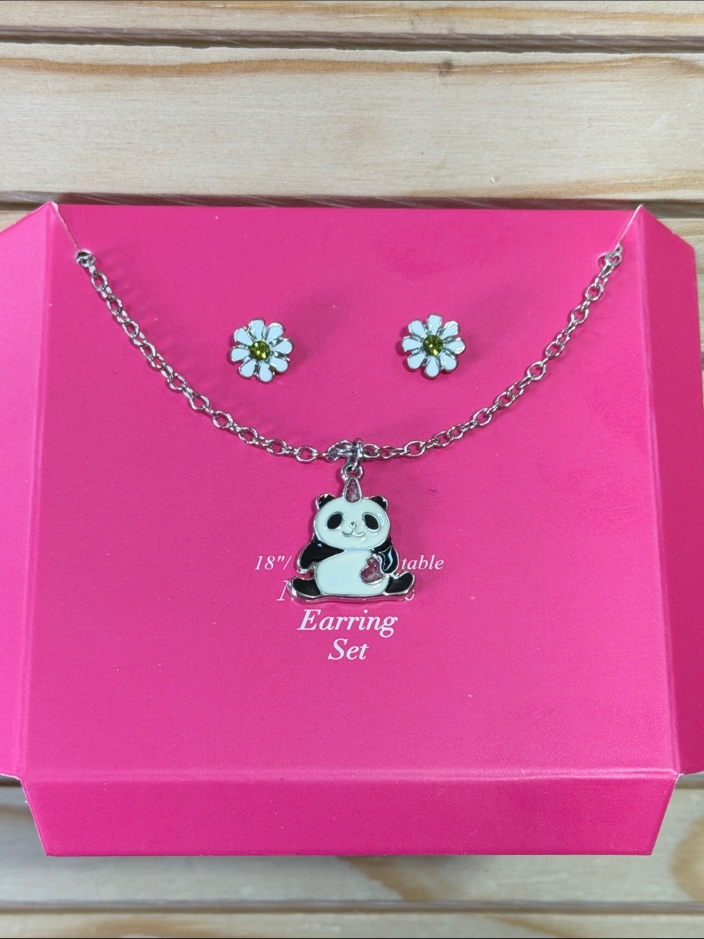 Panda Pendant Necklace & Daisy Stud Earrings - Pink Set